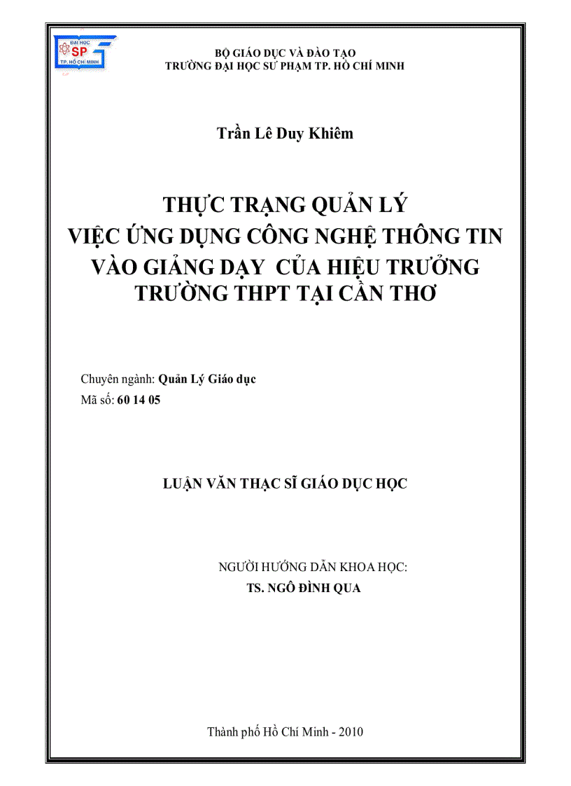 Thực trạng quản lý việc ứng dụng công nghệ thông tin vào giảng dạy của hiệu trường trường THPT tại Cần Thơ