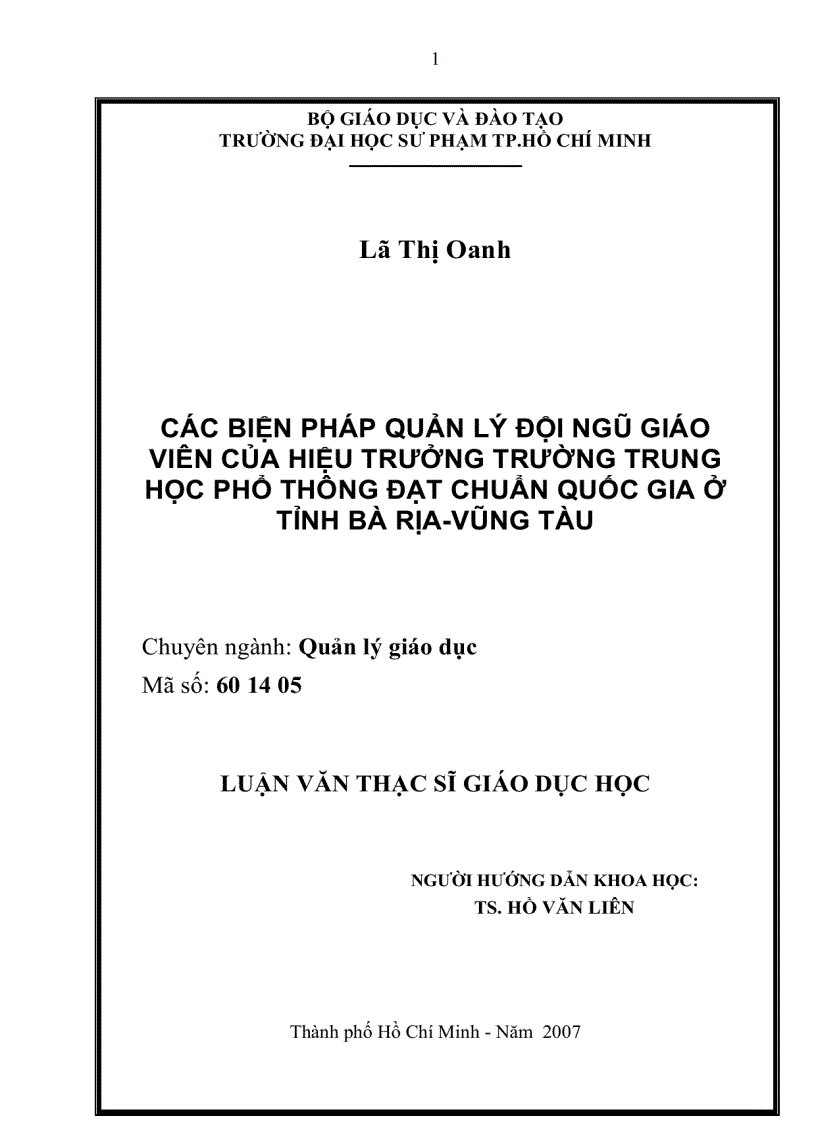 Các biện pháp quản lý đội ngũ giáo viên của Hiệu trưởng trường Trung Học Phổ Thông đạt chuẩn quốc gia ở tỉnh Bà Rịa Vũng Tàu