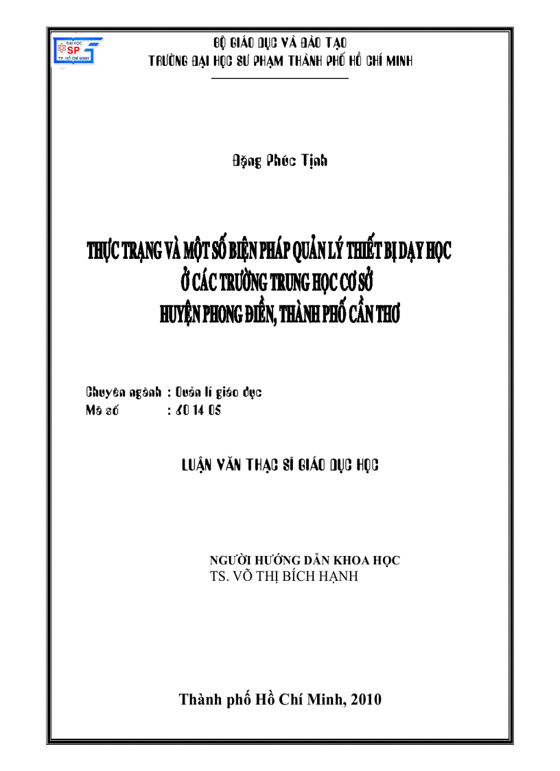 Thực trạng và một số biện pháp quản lí thiết bị dạy học ở các trường trung học cơ sở huyện Phong Điền thành phố Cần Thơ