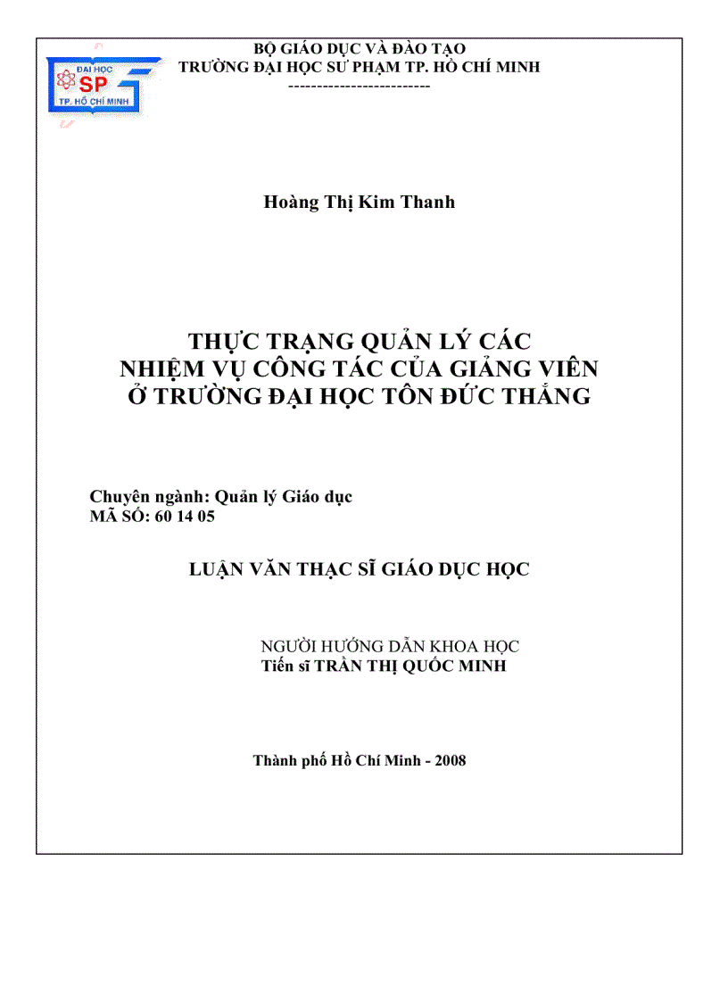 Thực trạng quản lí các nhiệm cụ công tác của giảng viên ở trường đại học Tôn Đức Thắng