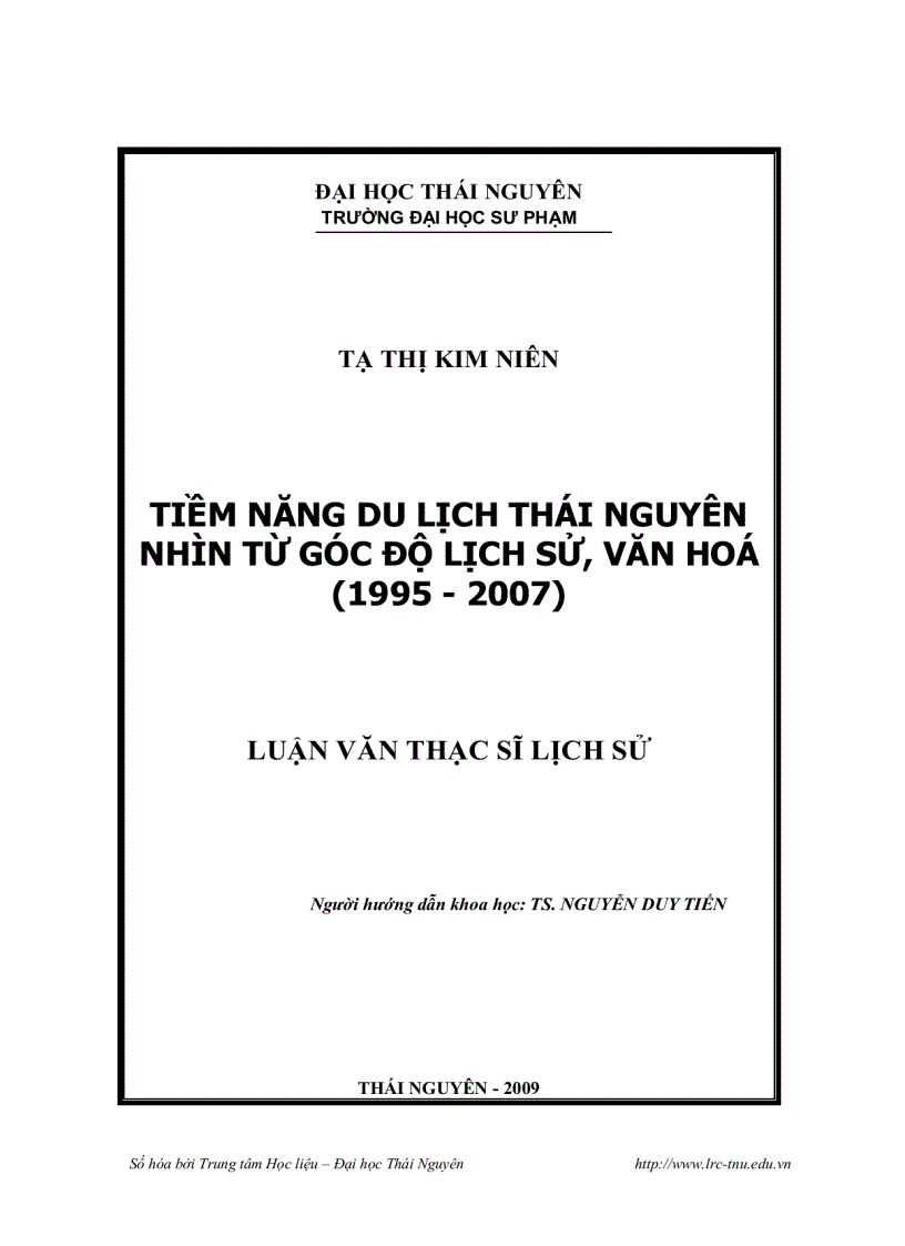 Tiềm năng du lịch thái nguyên nhìn từ góc độ lịch sử văn hoá 1995 2007