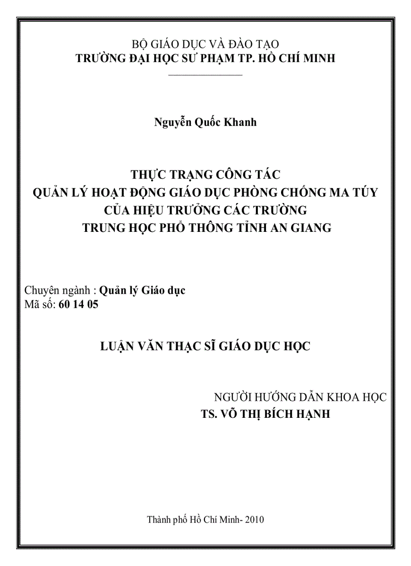 Thực trạng công tác quản lý hoạt động giáo dục phòng chống ma túy của hiệu trưởng các trường trung học phổ thông tỉnh An Giang