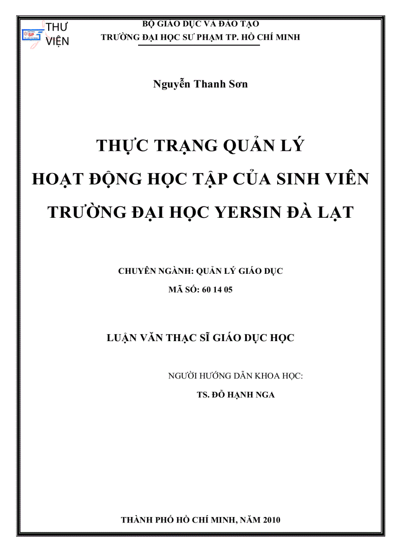 Thực trạng quản lý hoạt động học tập của sinh viên trường Đại học Yersin Đà Lạt