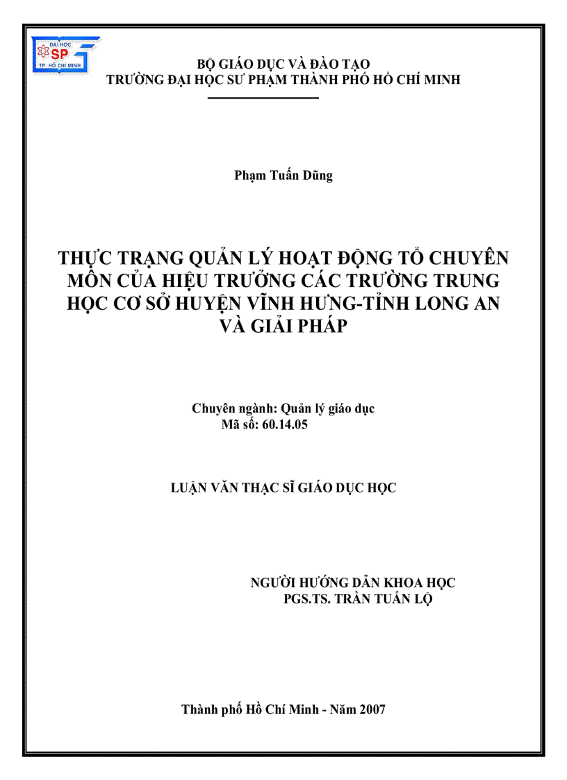 Thực trạng quản lý hoạt động tổ chuyên môn của hiệu trưởng các trường THCS huyện Vĩnh hưng tỉnh Long An và giải pháp