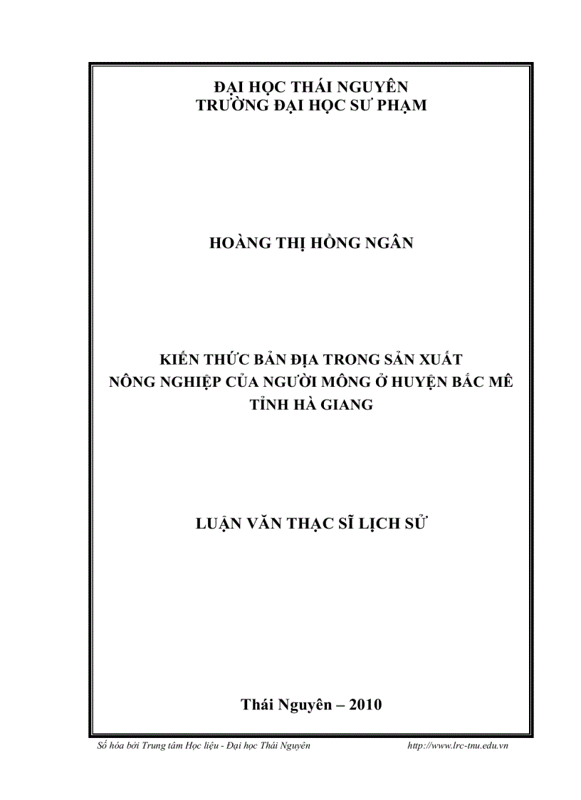 Kiến thức bản địa trong sản xuất nông nghiệp của người mông ở huyện bắc mê tỉnh hà giang