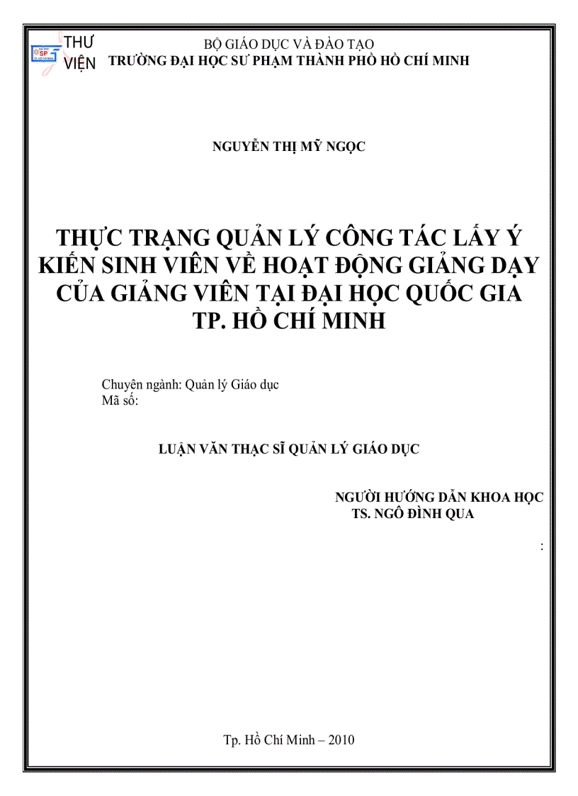 Thực trạng quản lý công tác lấy ý kiến sinh viên về hoạt động giảng dạy của giảng viên tại đại học quốc gia tp Hồ chí minh