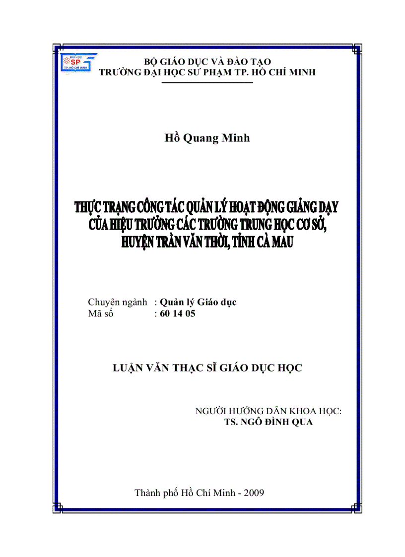 Thực trạng quản lý hoạt động giảng dạy của Hiệu trưởng các trường Trung học cơ sở huyện Trần Văn Thời tỉnh Cà Mau