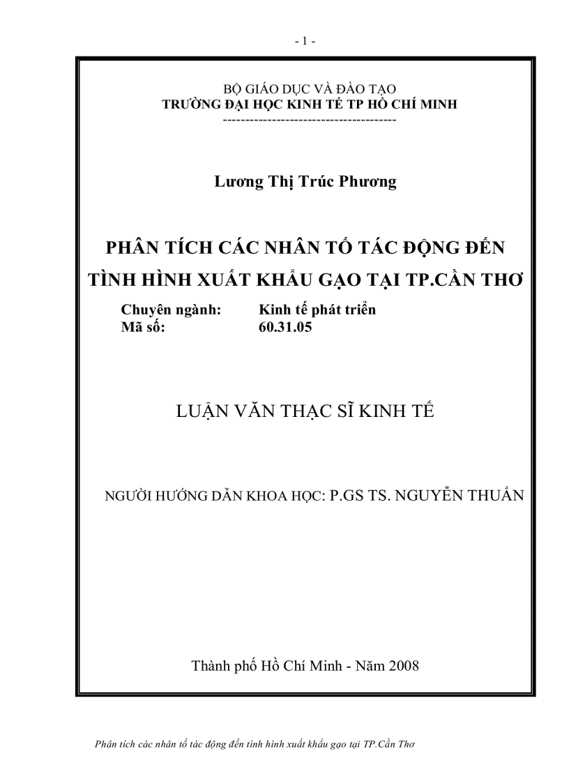 Phân tích các nhân tố tác động đến tình hình xuất khẩu gạo tại tp cần thơ