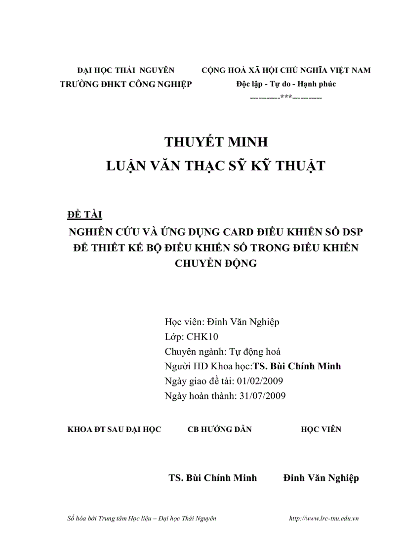 Nghiên cứu và ứng dụng card điều khiển số dsp để thiết kế bộ điều khiển số trong điều khiển chuyển động