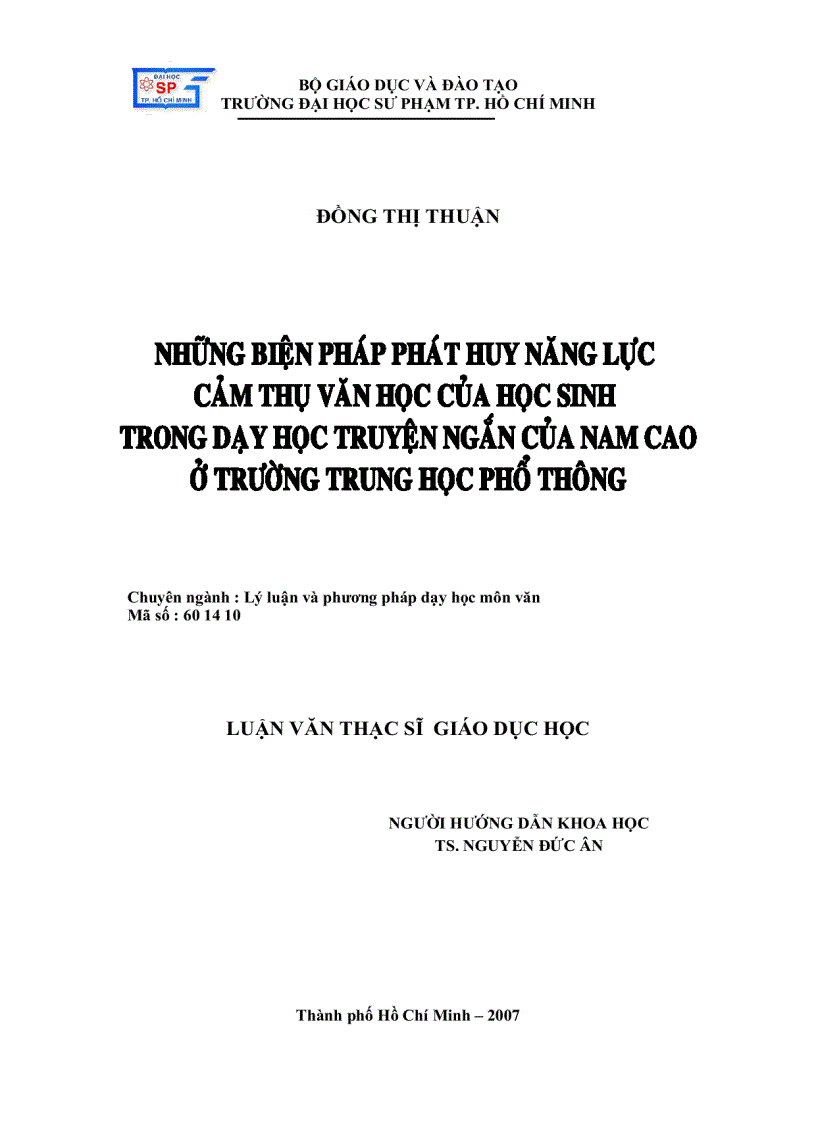 Những biện pháp phát huy năng lực cảm thụ văn học của học sinh trong dạy học truyện ngắn của nam cao ở trường trung học phổ thông