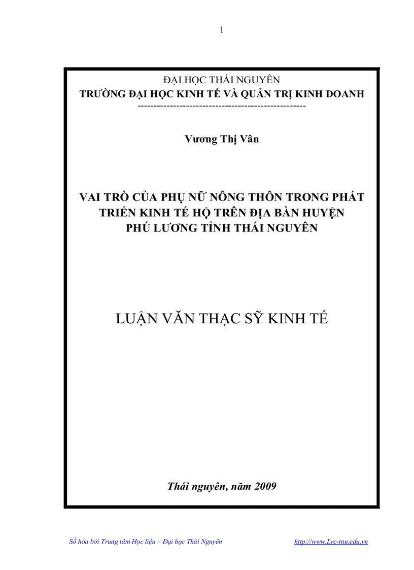 Vai trò của phụ nữ nông thôn trong phát triển kinh tế hộ trên địa bàn huyện phú lương tỉnh thái nguyên