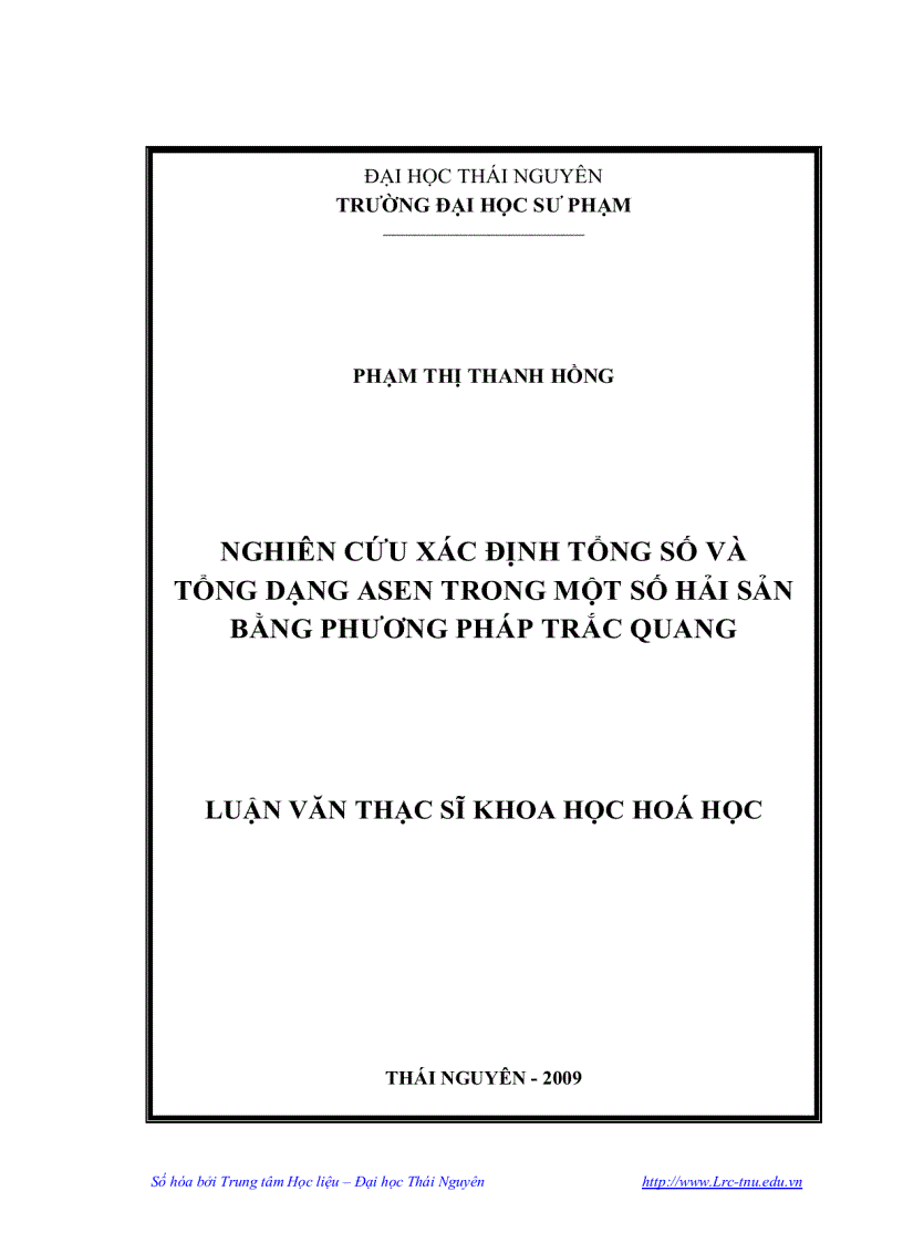 Nghiên cứu xác định tổng số và tổng dạng asen trong một số hải sản bằng phương pháp trắc quang