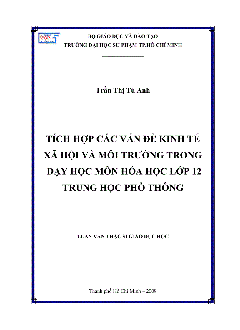 Tích hợp các vấn đề kinh tế xã hội và môi trường trong dạy học môn hóa học lớp 12 THPT