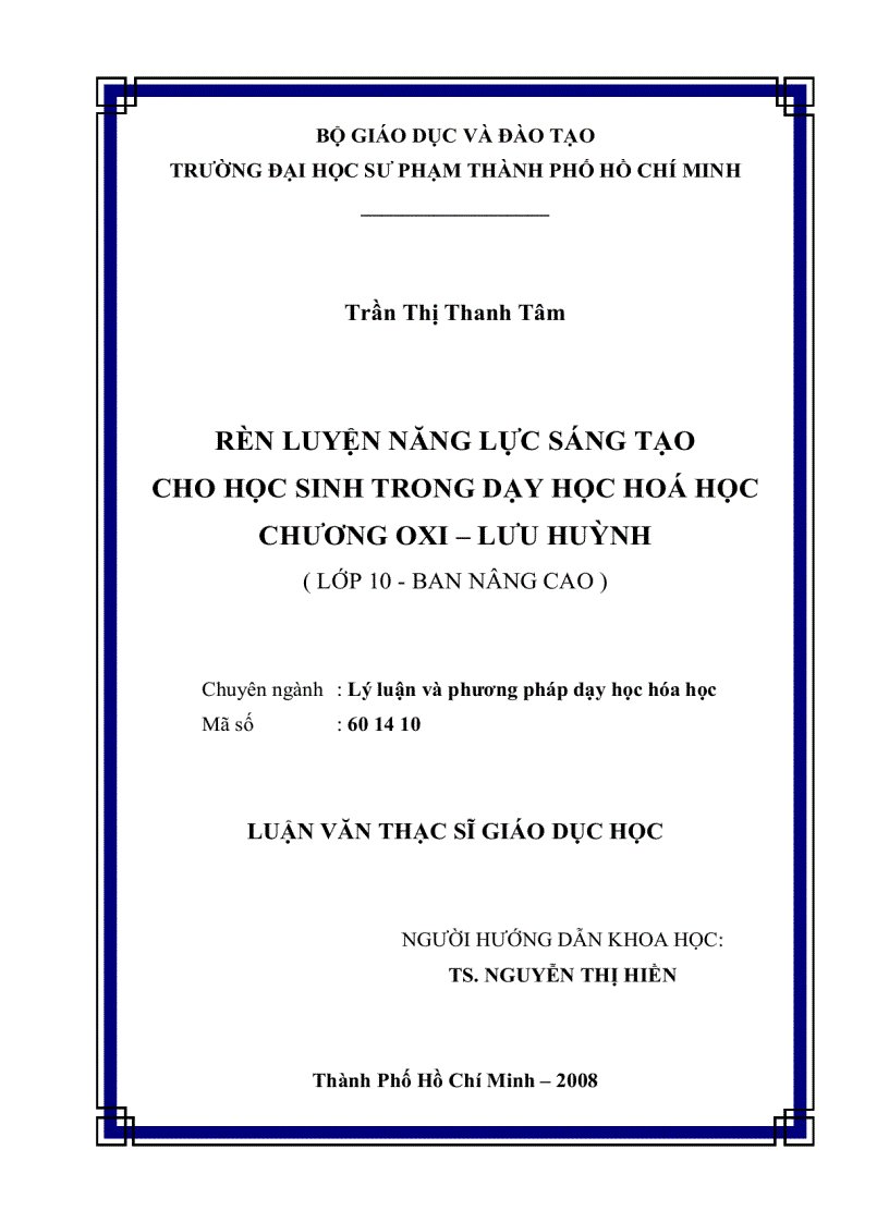 Rèn luyện năng lực sáng tạo cho học sinh trong dạy học hóa học chương Oxi Lưu huỳnh Lớp 10 ban nâng cao