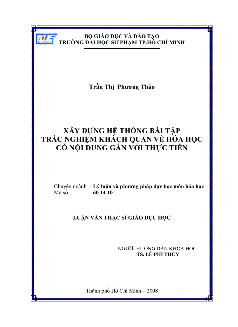 Xây dựng hệ thống bài tập trắc nghiệm khách quan về hóa học có nội dung gắn với thực tiễn