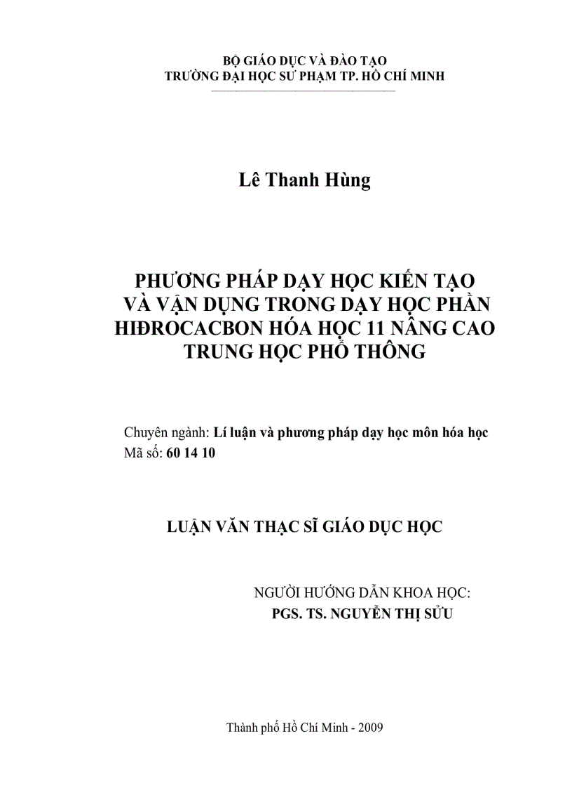 Phương pháp dạy học kiến tạo và vận dụng trong dạy học phần Hydrocacbon hóa học 11 nâng cao THPT