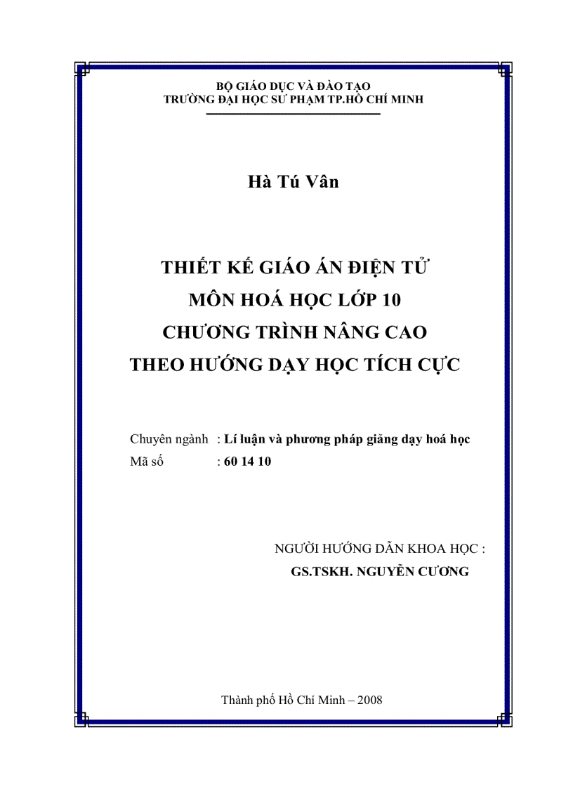 Thiết kế giáo án điện tử môn hóa học lớp 10 chương trình nâng cao theo hướng dạy học tích cực