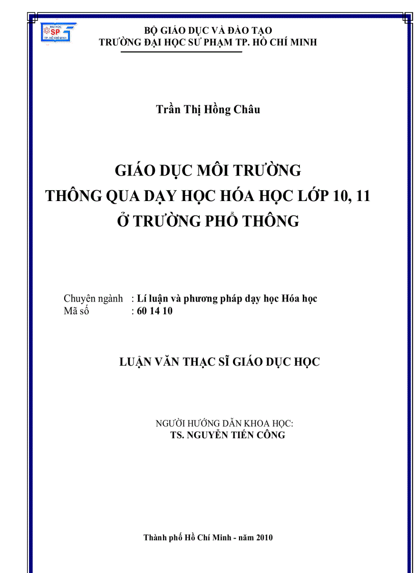 Giáo dục môi trường thông qua dạy học hóa học lớp 10 11 ở trường phổ thông