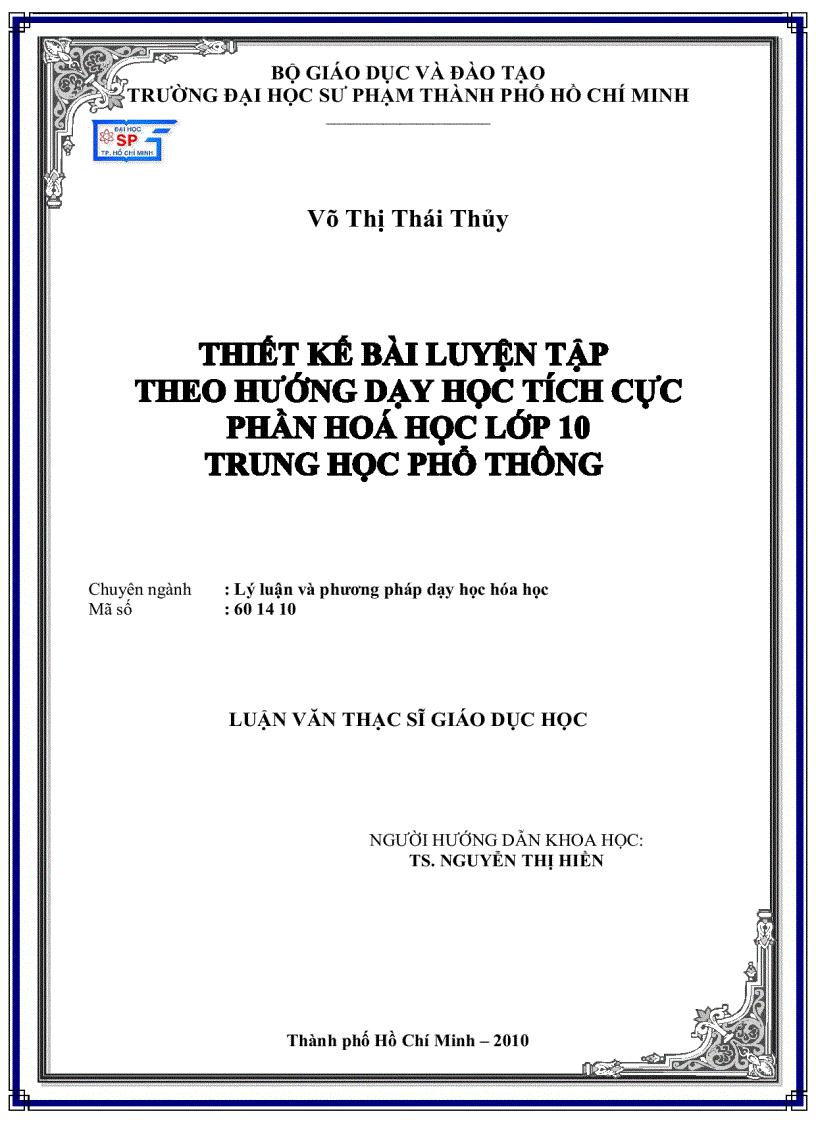 Thiết kế bài luyện tập theo hướng dạy học tích cực phần hóa học lớp 10 Trung Học Phổ Thông