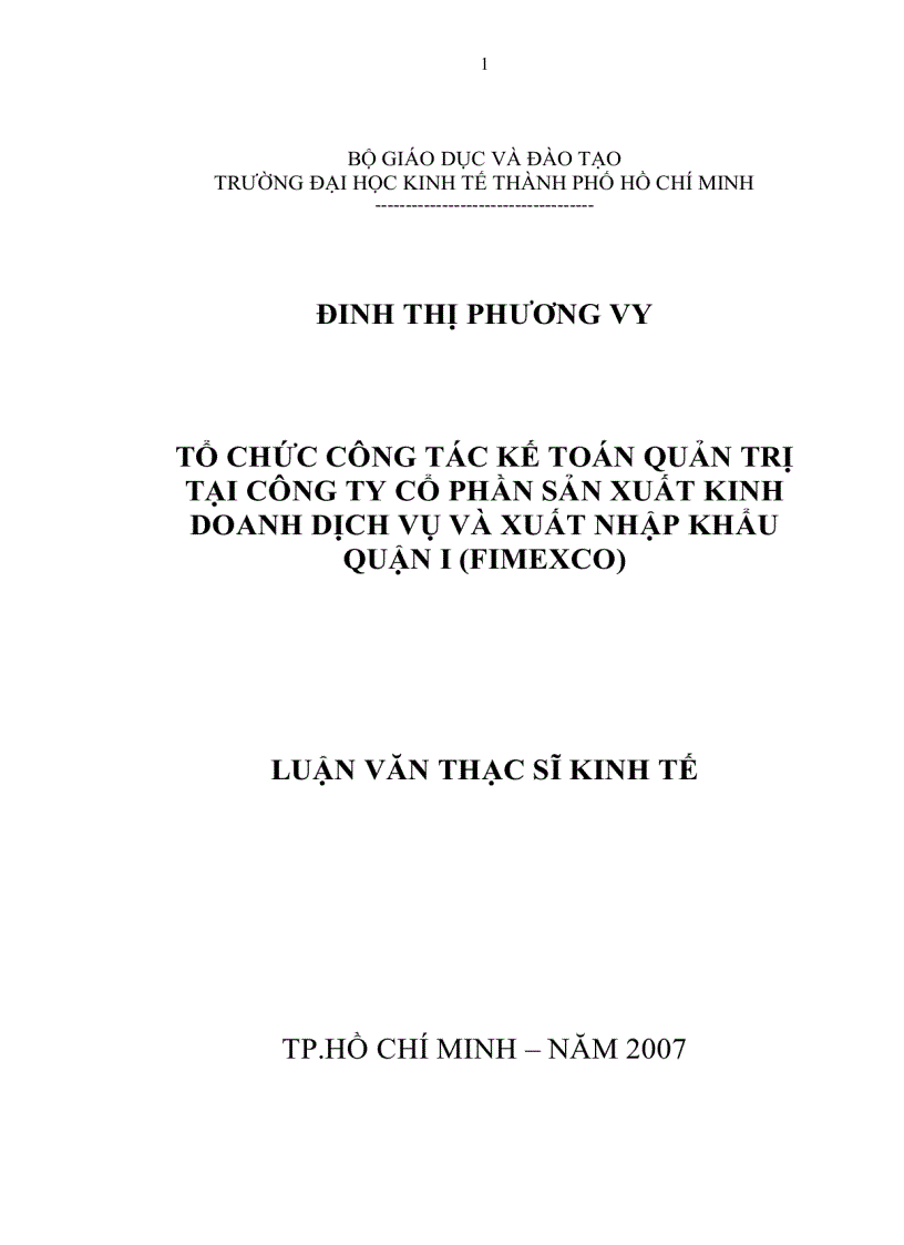 Tổ chức công tác kế toán quản trị tại Công ty Cổ phần Sản Xuất Kinh Doanh Dịch Vụ Và Xuất Nhập Khẩu quận 1 FIMEXCO