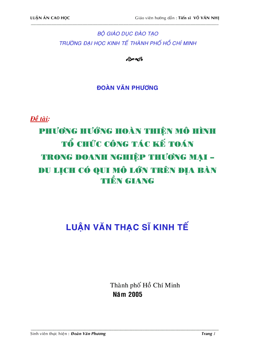 Phương hướng hoàn thiện mô hình tổ chức công tác kế toán trong doanh nghiệp Thương mại Du lịch có qui mô lớn trên địa bàn Tiền Giang