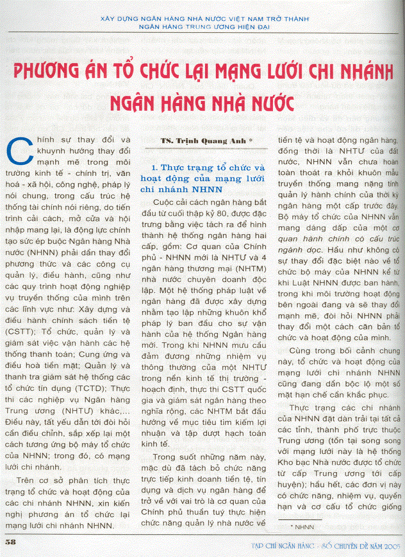 Phương án tổ chức lại mạng lưới chi nhánh Ngân hàng Nhà nước