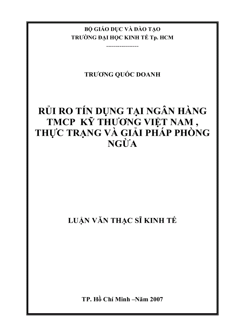 Rủi ro tín dụng tại Ngân hàng TMCP Kỹ thương Việt Nam Thực trạng và giải pháp phòng ngừa