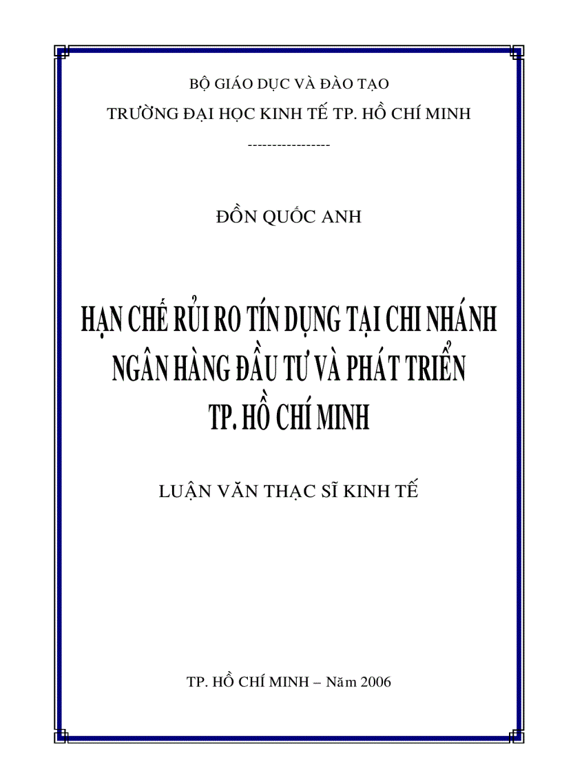 Hạn chế rủi ro tín dụng tại chi nhánh Ngân hàng Đầu tư Phát triển TP HCM