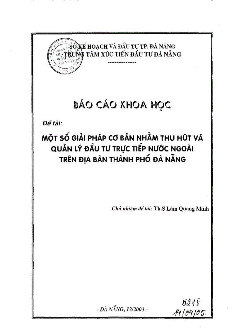 Một số giải pháp cơ bản nhằm thu hút và quản lý đầu tư trực tiếp nước ngoài trên địa bàn thành phố Đà Nẵng