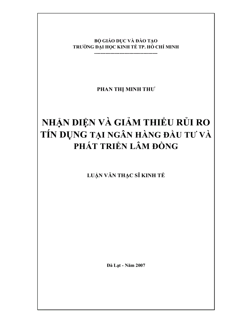 Nhận diện và giảm thiểu rủi ro tín dụng tại Ngân hàng Đầu tư và Phát triển Lâm Đồng