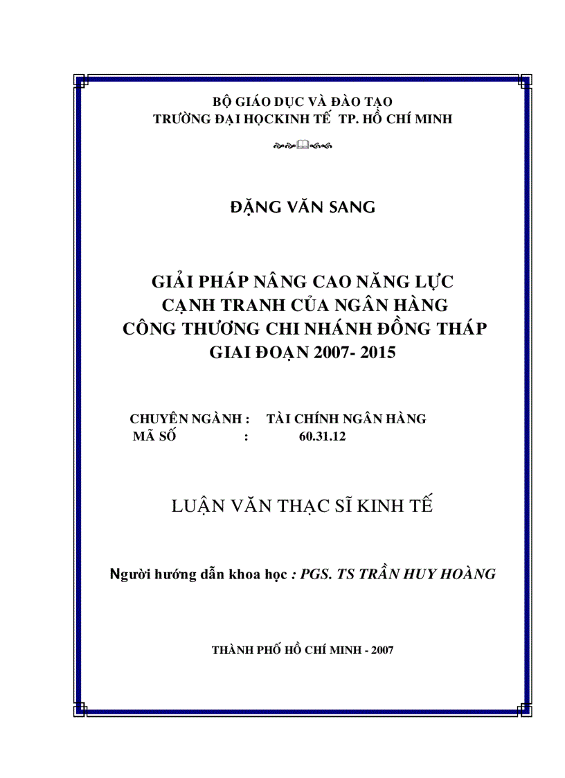 Giải pháp nâng cao năng lực cạnh tranh của Ngân hàng Công thương chi nhánh Đồng Tháp giai đoạn 2007 2015