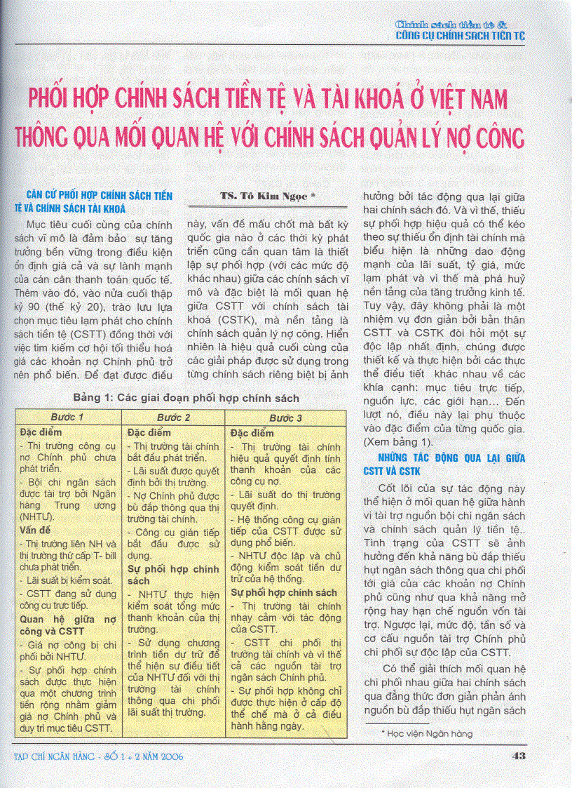 Phối hợp chính sách tiền tệ và tài khoá ở Việt Nam thông qua mối quan hệ với chính sách quản lí nợ công