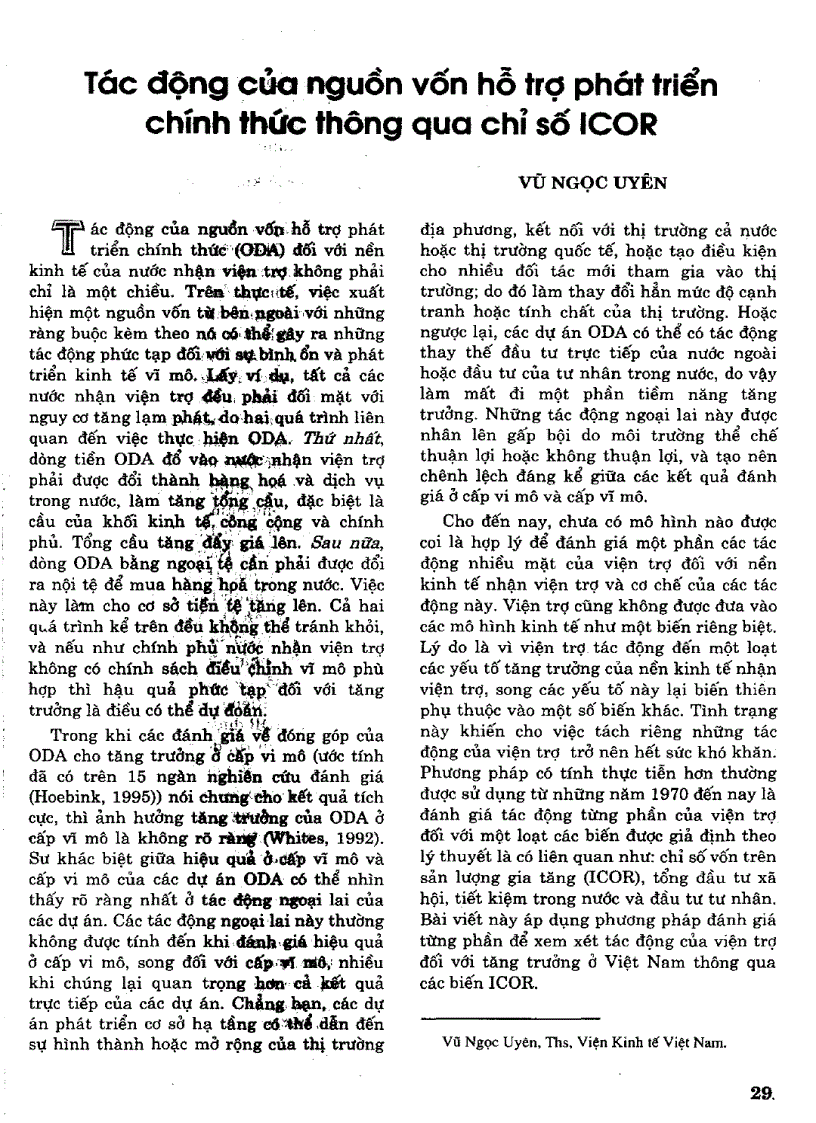 Tác động của nguồn vốn hỗ tợ phát triển chính thức thông qua chỉ số ICOR