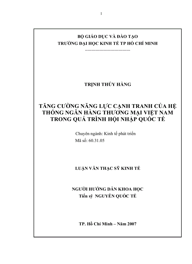 Tăng cường năng lực cạnh tranh của hệ thống Ngân hàng Thương mại Việt Nam trong quá trình hội nhập Quốc tế