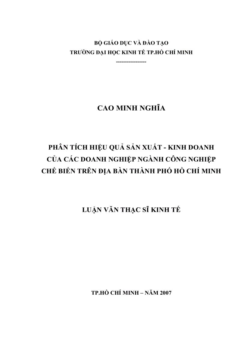 Phân tích hiệu quả sản xuất kinh doanh của các doanh nghiệp ngành công nghiệp chế biến trên địa bàn Thành phố Hồ Chí Minh