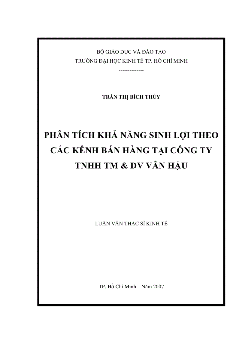 Phân tích khả năng sinh lợi theo các kênh bán hàng tại Công ty TNHH TM DV Vân Hậu