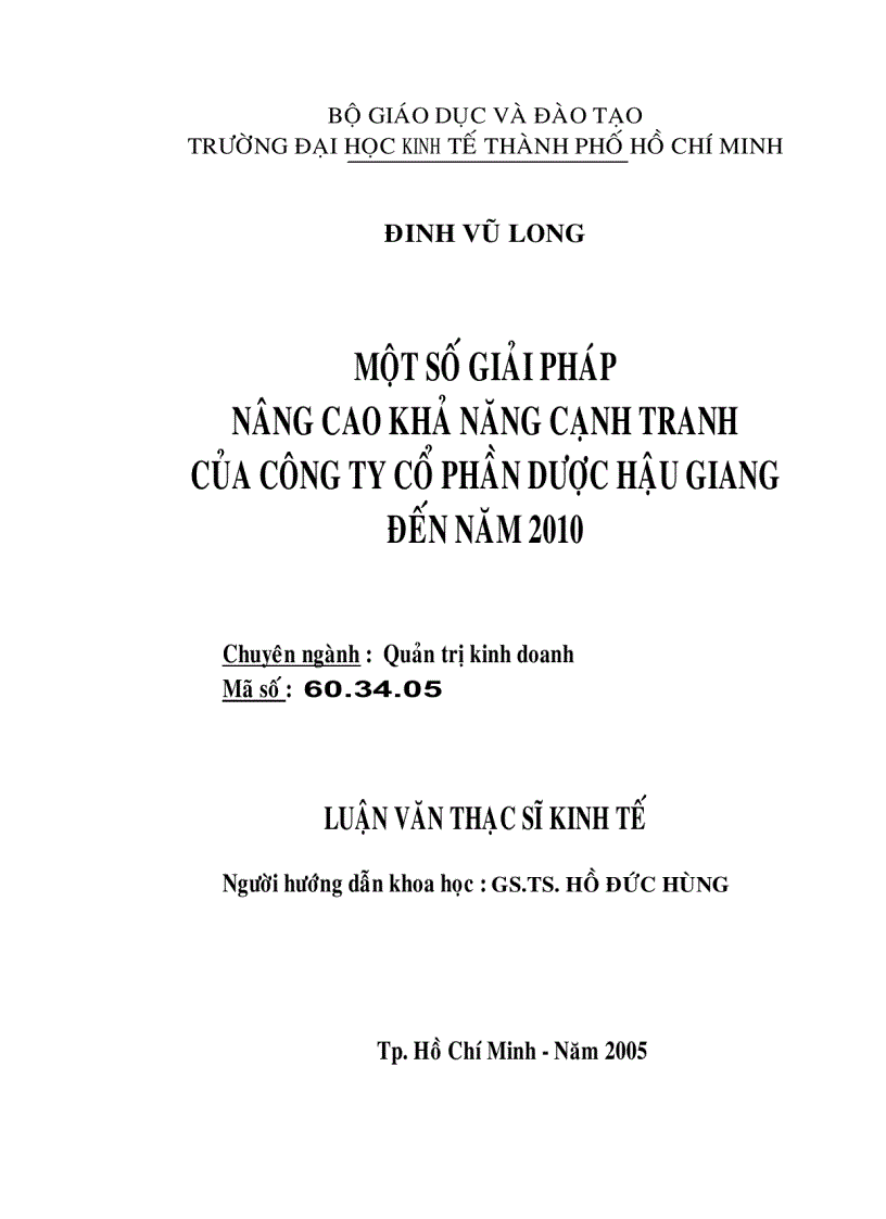 Một số giải pháp nâng cao khả năng cạnh tranh của Công ty cổ phần Dược Hậu Giang đến năm 2010