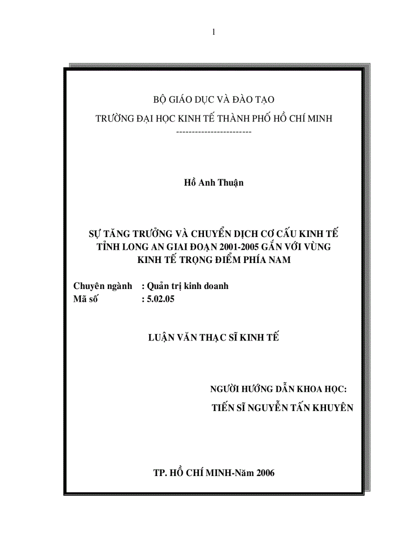 Sự tăng trưởng và chuyển dịch cơ cấu kinh tế tỉnh Long An giai đoạn 2001 2005 gắn với vùng kinh tế trọng điểm phía Nam