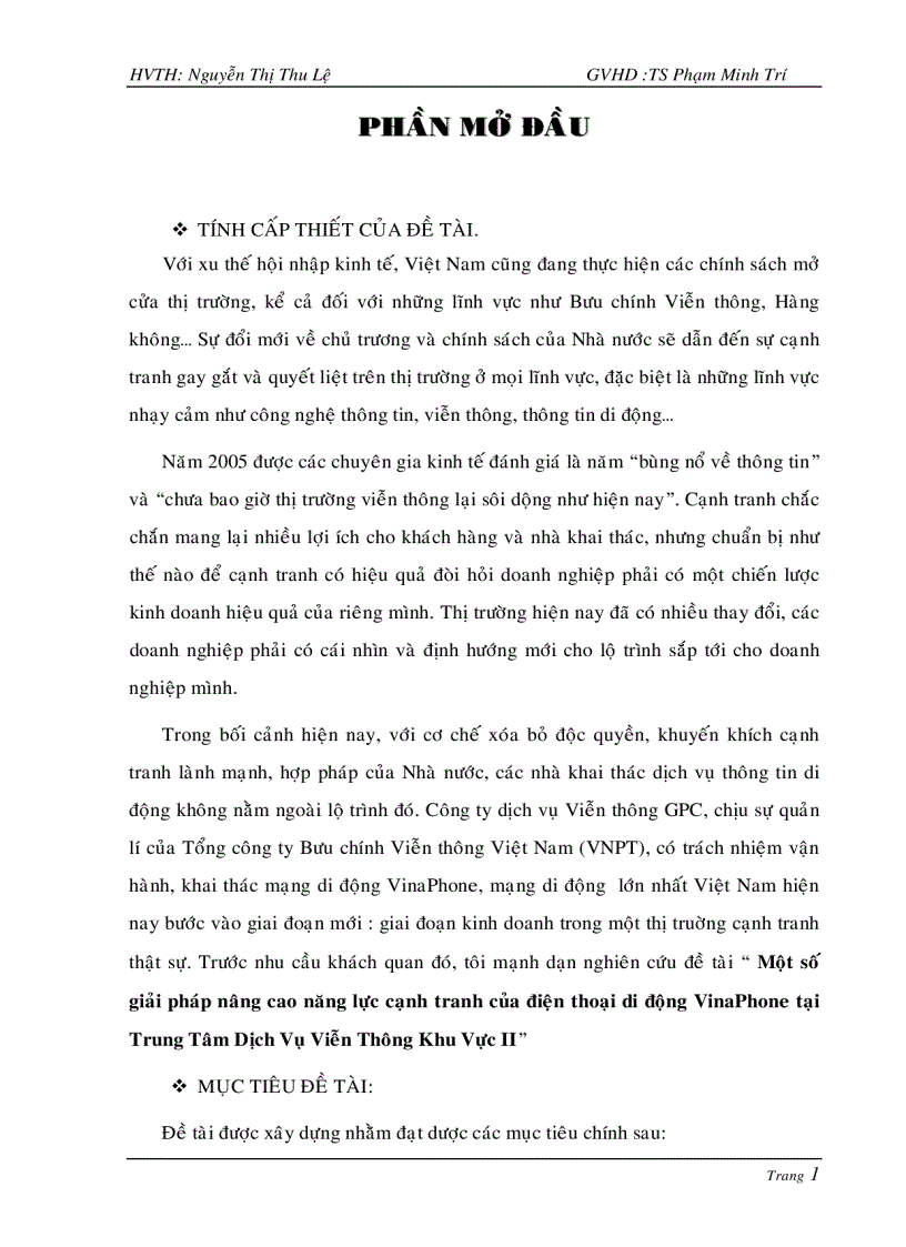 Một số giải pháp nâng cao năng lực cạnh tranh của điện thoại di động VinaPhone tại Trung tâm Dịch Vụ Viễn Thông Khu vực II
