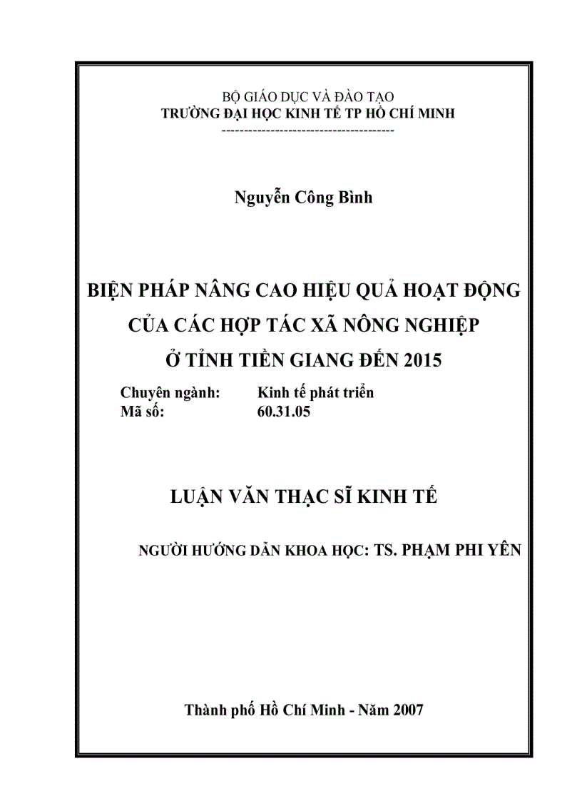 Biện pháp nâng cao hiệu quả hoạt động của Hợp tác xã Nông nghiệp ở tỉnh Tiền Giang đến 2015