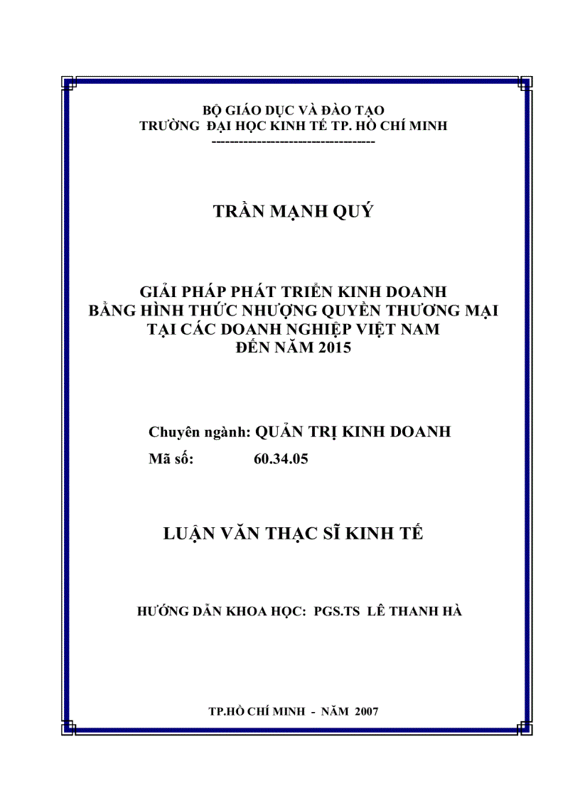 Giải pháp phát triển kinh doanh bằng hình thức nhượng quyền thương mại tại các doanh nghiệp Việt Nam đến năm 2015