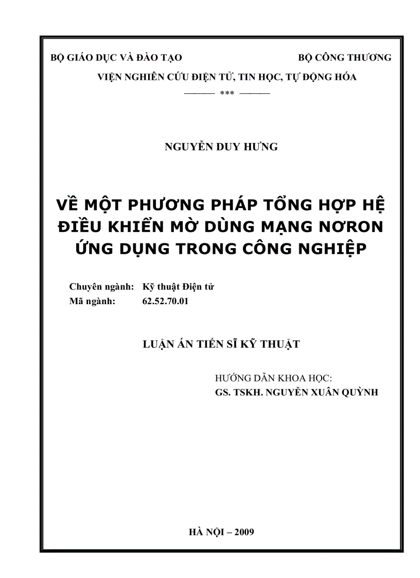 Về một phương pháp tổng hợp hệ điều khiển mờ dùng mạng nơron ứng dụng trong công nghiệp