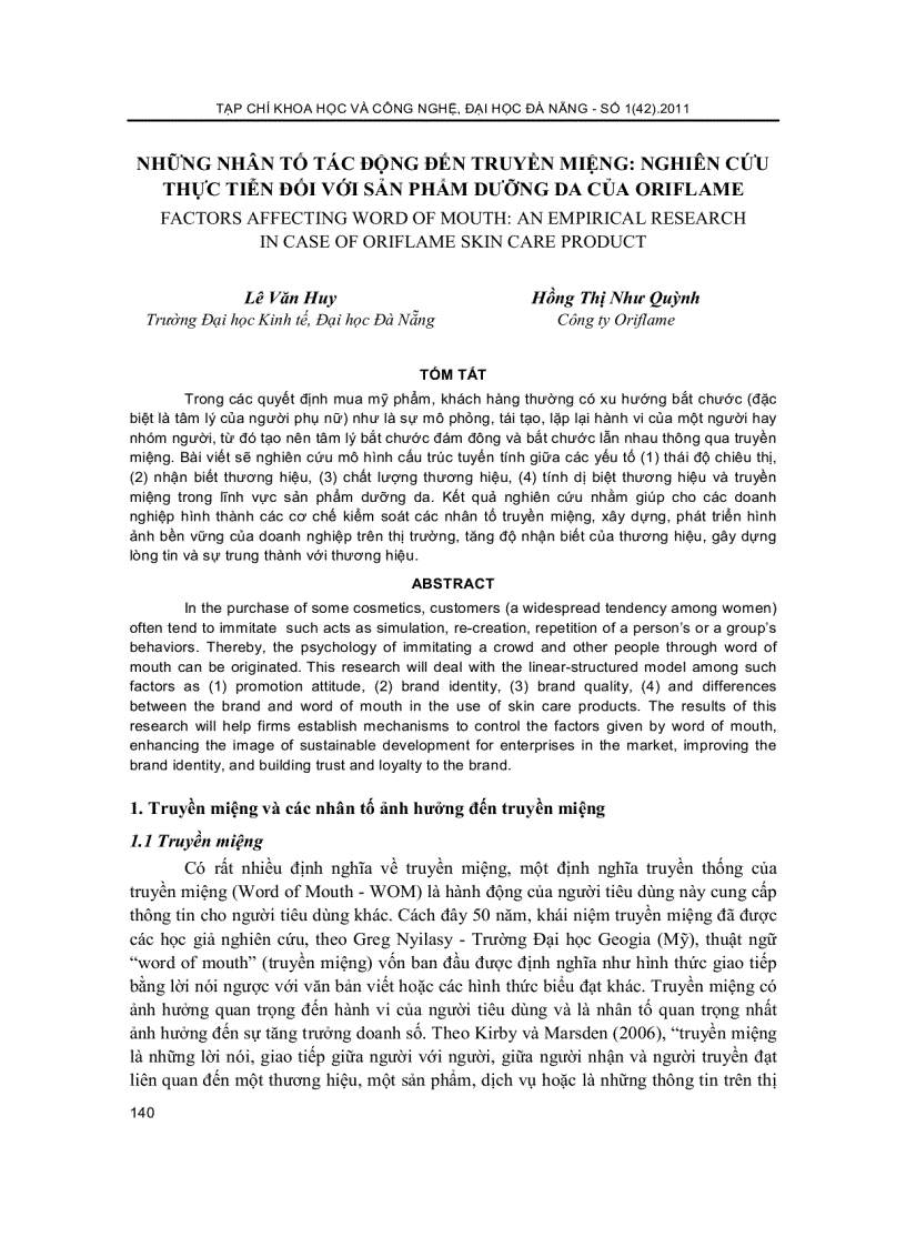 Những nhân tố tác động đến truyền miệng Nghiên cứu thực tiễn đối với sản phẩm dưỡng da của Oriflame