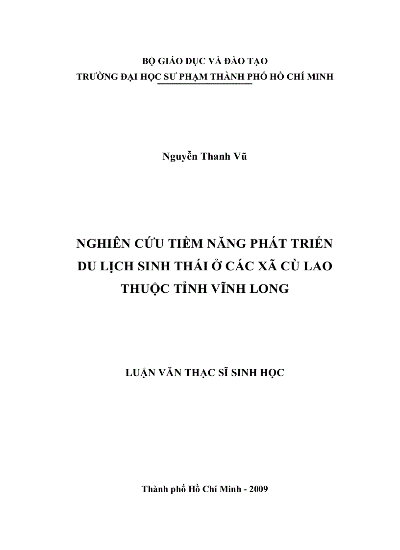 Nghiên cứu tiềm năng phát triển du lịch sinh thái ở các xã cù lao thuộc tỉnh Vĩnh Long