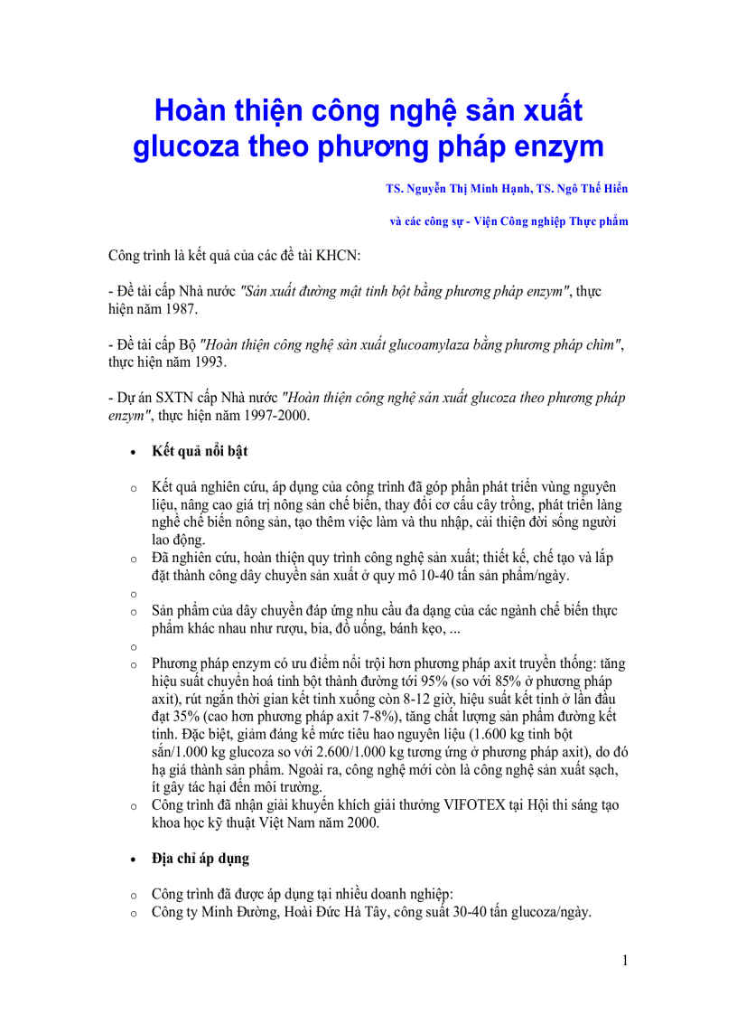 Hoàn thiện công nghệ sản xuất glucoza theo phương pháp enzym