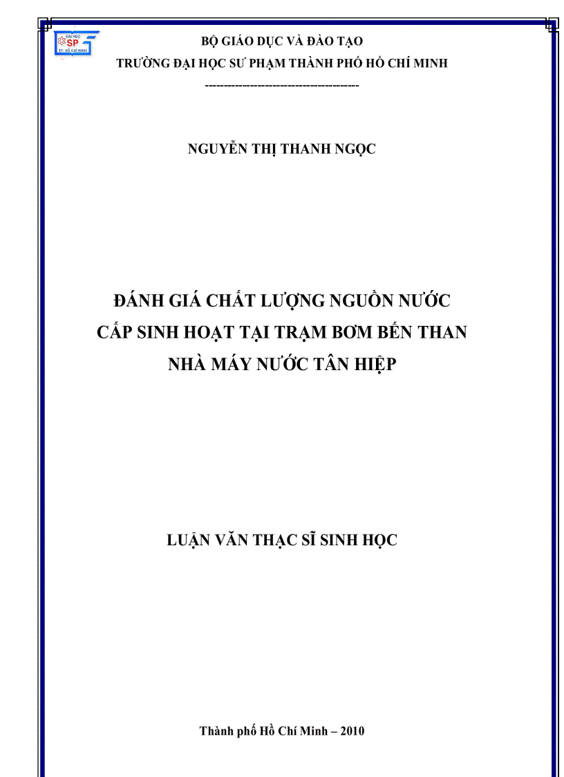 Đánh giá chất lượng nguồn nước cấp sinh hoạt tại trạm bơm bến than nhà máy nước Tân Hiệp