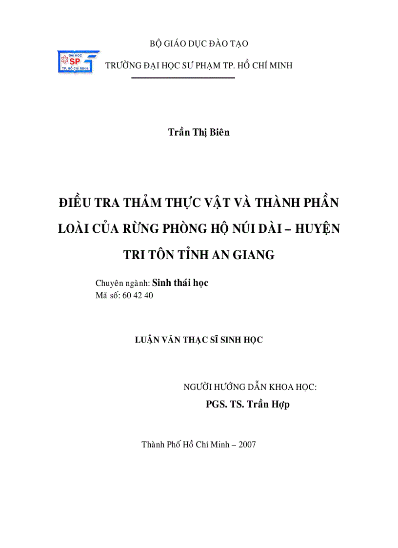 Điều tra thảm thực vật và thành phần loài của rừng phòng hộ Núi Dài huyện Tri Tôn tỉnh An Giang