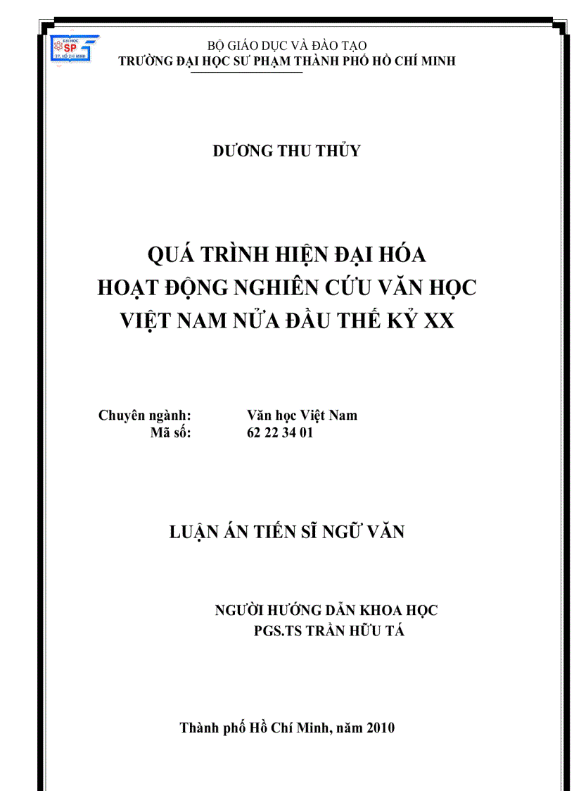 QUÁ TRÌNH HIỆN ĐẠI HÓA HOẠT ĐỘNG NGHIÊN CỨU VĂN HỌC Việt Nam NỬA ĐẦU THẾ KỶ XX