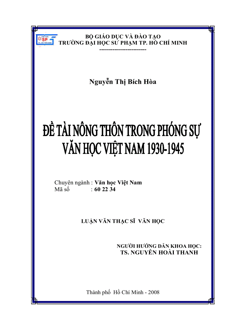 ĐỀ TÀI NÔNG THÔN TRONG PHÓNG SỰ VĂN HỌC Việt Nam 1930 1945