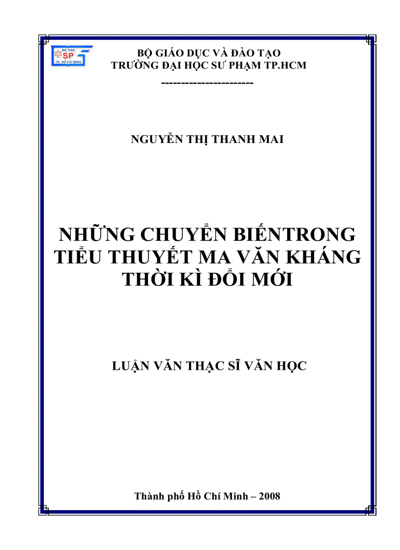 NHỮNG CHUYỂN BIẾNTRONG TIỂU THUYẾT Ma Văn Kháng THỜI KÌ ĐỔI MỚI